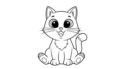 Fototapeta premium A cute cartoon cat with big eyes sitting and smiling, ready for coloring.