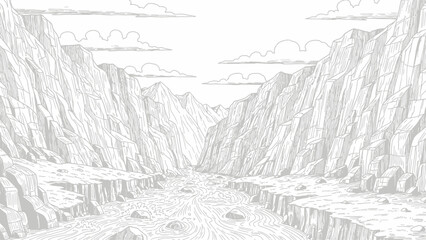 Line art of a majestic mountain valley with a winding river and cloudy sky. © bagmany