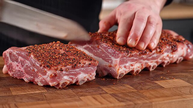 Chef Slicing Seasoned Pork Ribs on Wooden Cutting Board.