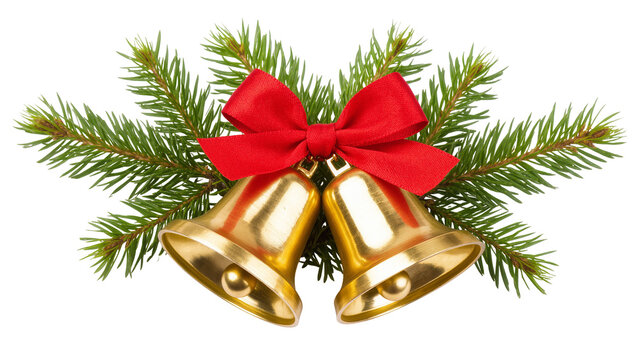 Golden Christmas Bells Adorned with Festive Red Ribbon and Lush Evergreen Branches