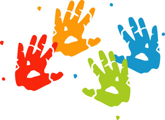 Fototapeta premium Hand rainbow print isolated on white background. Color child handprint. Creative paint hands prints. Happy childhood design. Artistic kids stamp, bright human fingers and palm. Vector illustration