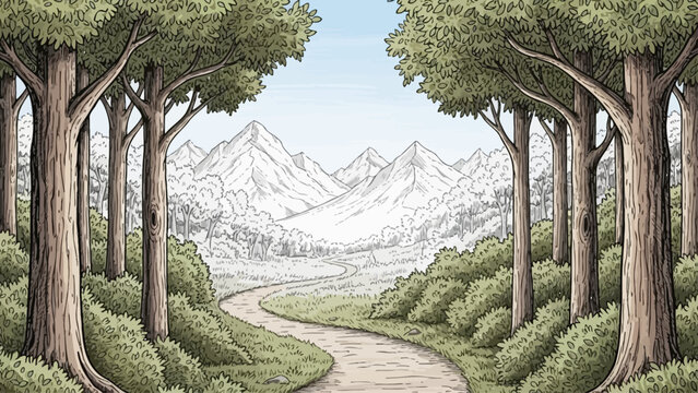 Hand drawn scenic forest path leading to snowy mountain landscape illustration.