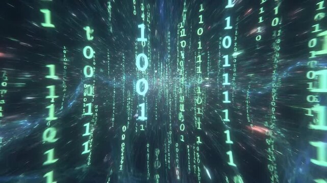 Vertical streams of glowing binary digits in a luminous digital style on a dark background, concept of data flow and information