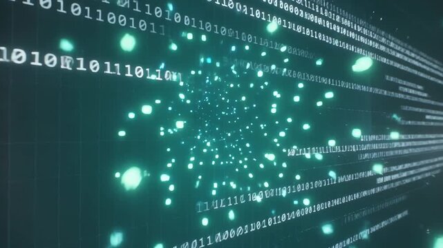 Binary code streams displayed in a glowing abstract style on a dark background, representing digital data flow and tech concepts