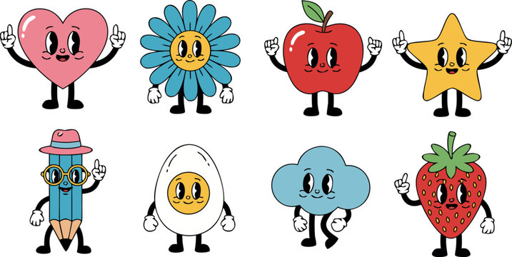 Retro groovy cartoon characters set featuring heart flower apple star pencil egg cloud and strawberry mascot illustrations