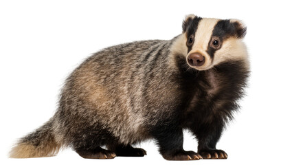 Gray striped European Badger sitting facing forward with dark markings © Maria