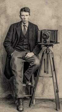 Vintage portrait of a man with antique camera, early photography concept