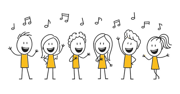 Happy choir of children singing together in a row.