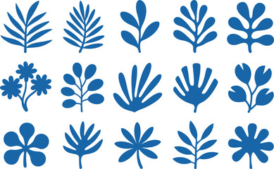 Fototapeta premium Collection of blue silhouette leaves and flowers on white background