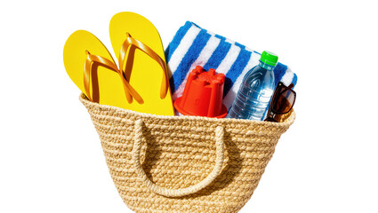 Wicker beach bag filled with yellow flip-flops striped towel bottle, and red bucket © Maria