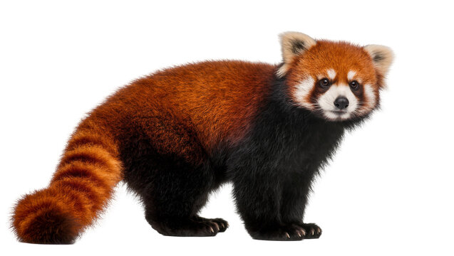 Red fluffy panda standing with long ringed tail