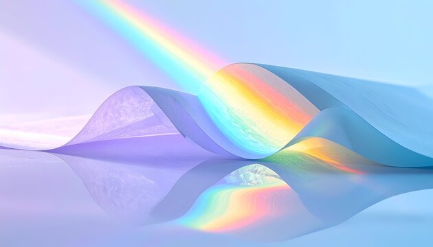 Curving paper sheet reflecting a colorful rainbow light on a glossy surface