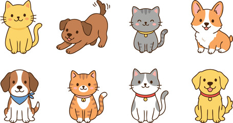 Obraz premium Set of adorable cartoon domestic pets featuring various breeds of happy dogs and cute sitting kittens