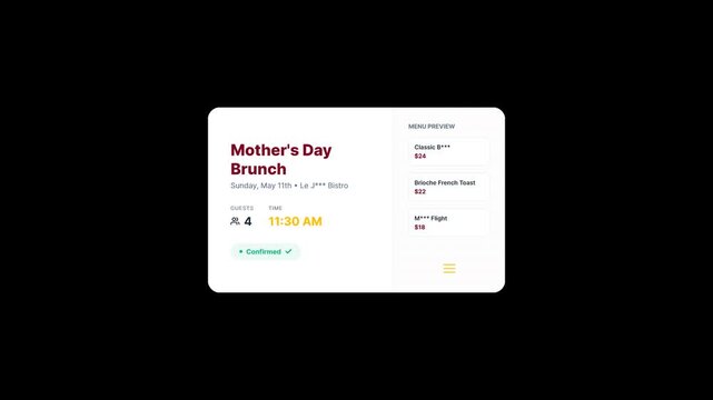 Mother's Day brunch reservation dashboard on transparent background