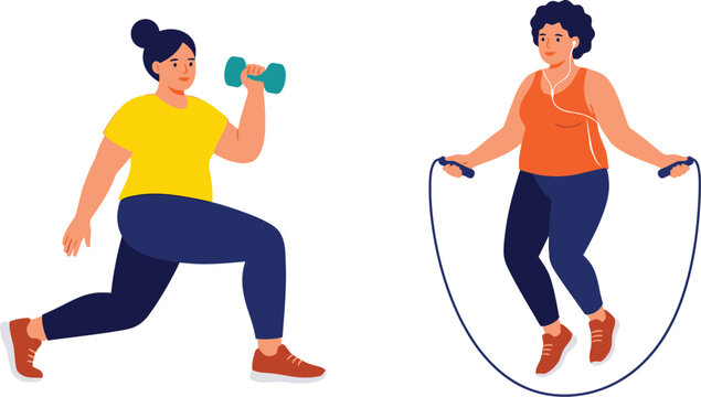 Plus-Size Women Exercising: Flat Illustration of Lunge with Dumbbell and Jumping Rope