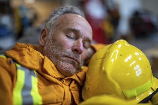 Firefighter resting asleep in station lounge during downtime