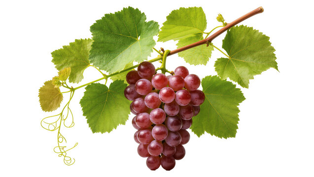Red grape bunch with green vine leaves and stem
