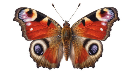 Red orange speckled Peacock butterfly with dark eyes and antennae © Maria