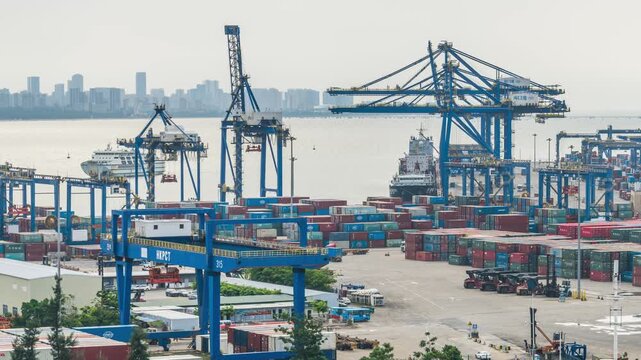Time-lapse of container terminal at Xiuying Port, Haikou, Hainan Free Trade Port, busy seaport shipping and cargo logistics scene