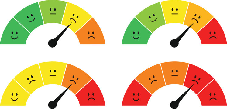 Customer satisfaction gauges collection with smiley face scales, feedback meters showing positive neutral and negative levels isolated on white background vector illustration set