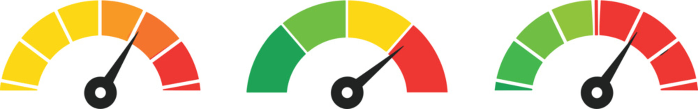 Performance gauge indicators set with speedometer style meters, colored level dials showing low medium high status isolated on white background vector illustration