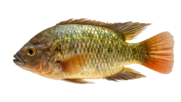 Green bronze cichlid fish with orange fins and speckled scales