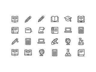 Fototapeta premium Collection of twenty-four black outline depicting school and science supplies including open books, pencils, calculators, laptops, globes, and laboratory flasks on white