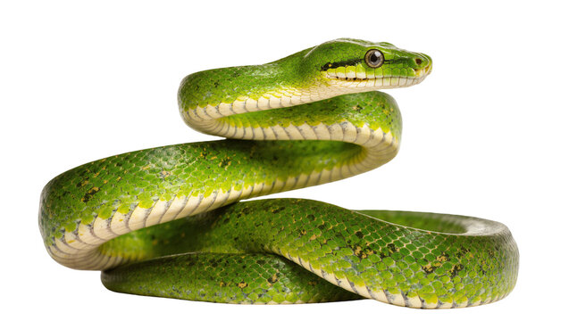 Emerald green Vine Snake coiled in multiple loops