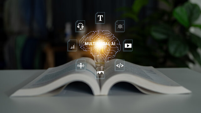Open book with glowing light bulb representing innovative concepts and ideas related to multitalented artificial intelligence technology themes Haptic.