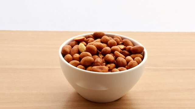 Close-up of peanuts in a bowl on a wooden table, ideal to represent tasty moments. Bowl of peanuts, close-up on a wooden table, inviting for a snack and relaxed moment.