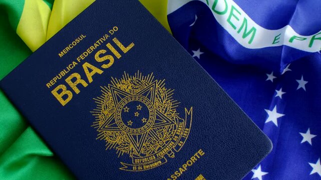 Brazilian Passport on the Flag: A symbol of national identity, the passport rests upon the vibrant flag of Brazil, evoking citizenship and pride.