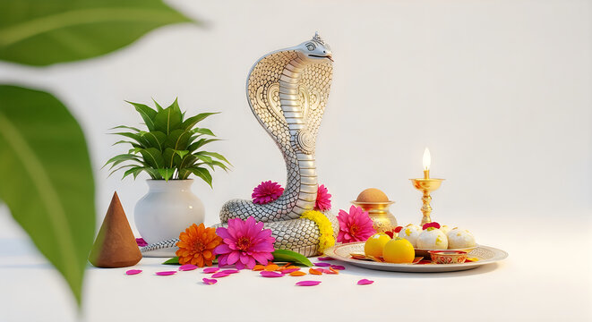 Naga Panchami Shringar: Cobra idol, offerings, lamp, and flowers for Hindu snake worship ritual