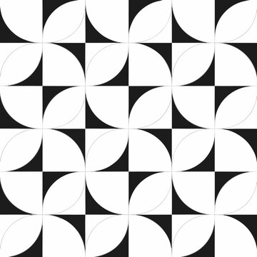 Black and White Seamless Geometric Pattern with Abstract Circular and Angular Op Art Design
