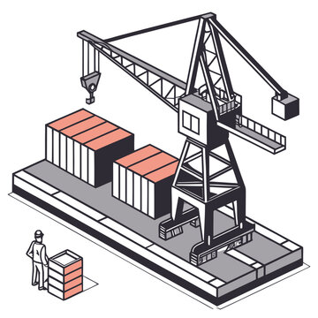Isometric shipping dock with container crane cargo boxes and worker illustration in detailed style high quality professional