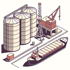 Isometric illustration of a cargo shipping port with storage silos a crane and a freighter ship © md munna