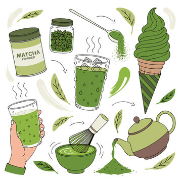 Matcha powder, whisk, and teapot preparing a hot drink and iced tea, with green tea ice cream and dry leaves