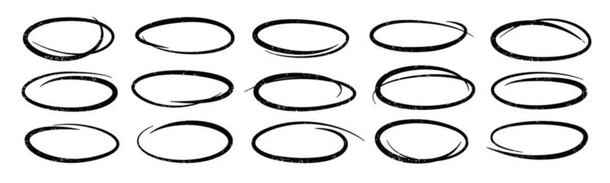 Hand drawn line oval set. Sketch pencil brush pen doodle marker shapes, round vector highlights. Stroke scribble circle underline accents, circular ellipse marks, outline forms. Chalk frame element bg