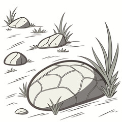 Line art illustration of desert stones and sparse vegetation on a sandy ground high quality professional detailed © md munna
