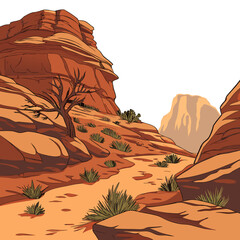 Sandstone canyon landscape with sparse desert vegetation warm orange and brown tones illustration high quality professional detailed © md munna