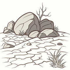 Illustration of rocky desert landscape with cracked earth sparse vegetation and shaded boulders high quality professional detailed © md munna