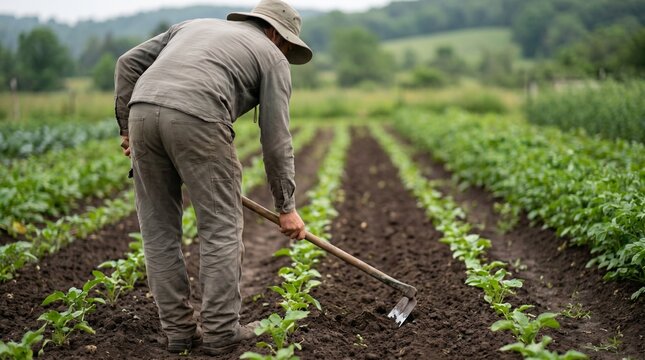 Farmer working in a vegetable field with a hoe, cultivating rows of young plants on a farm in the countryside