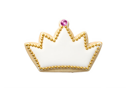 Cookies White crown shaped cookie with gold beads and pink gem on transparent background transparent background