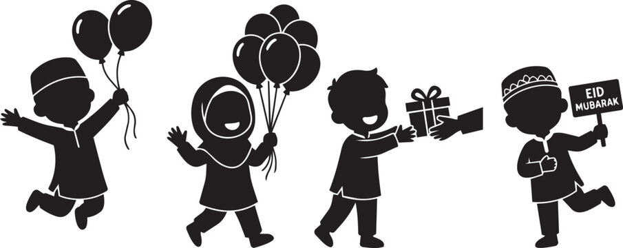 Eid Celebration Kids Silhouette Vector Set Children Running Jumping with Balloons Gifts and Festive Stars Crescent Moon Design eid vector, eid ul adha vector, eid celebration illustration, eid kids si