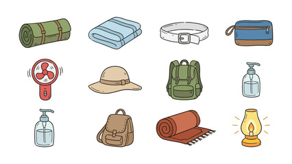 Camping Essential Icons: A vibrant assortment of camping equipment icons, perfect for representing adventure and outdoor activities. 