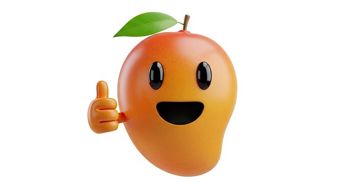 Cartoon mango character giving thumbs up with green leaf isolated on white