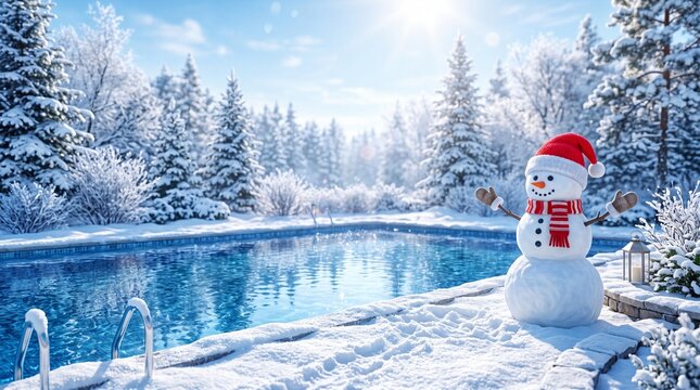 Snowman standing by swimming pool in snowy winter garden. Festive figure with red hat scarf and mittens waving under sunny blue