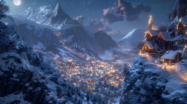 snowy mountain lair overlooking whoville night snow sparkles moonlight glowing lights illuminate town stands clean simple design for web and print use clear view modern minimal look neat layout vivid