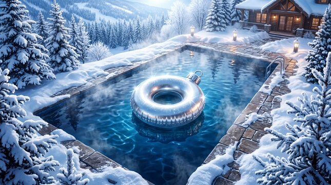 Shiny silver Christmas bauble floating as ring in heated outdoor pool. Snowy mountain landscape with pine trees and log cabin. Winter holiday relaxation and festive decoration concept in cold weather