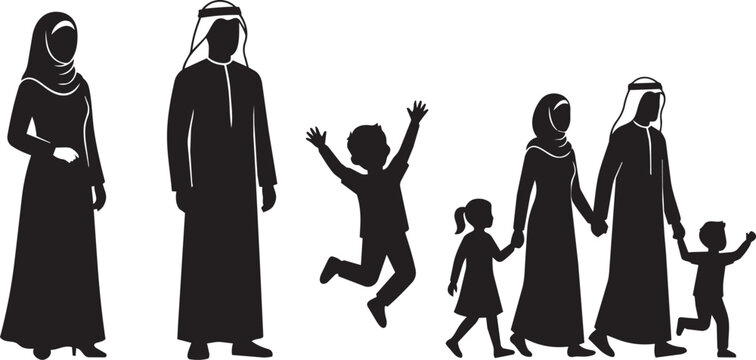Eid Ul Adha Muslim Family Silhouette Set Woman Abaya Man Child Jumping Family Group Islamic Vector Illustration eid ul adha vector, muslim family silhouette, islamic silhouette vector, abaya woman sil