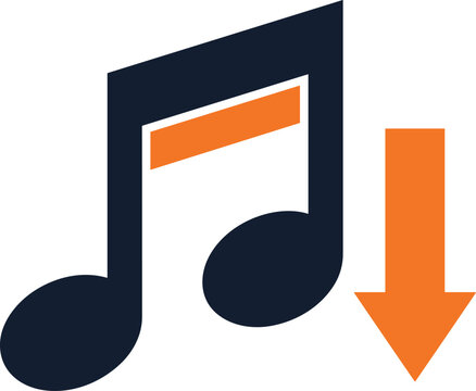 Music note icon with downward orange arrow representing audio download or volume reduction concept for web design.